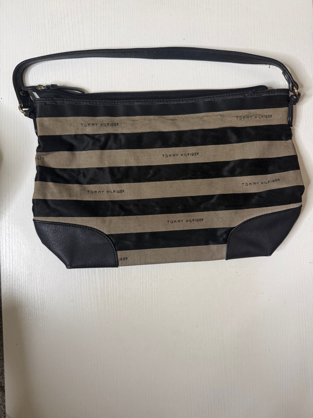 Tommy Hilfiger Black and Tan Striped Messenger Bag
